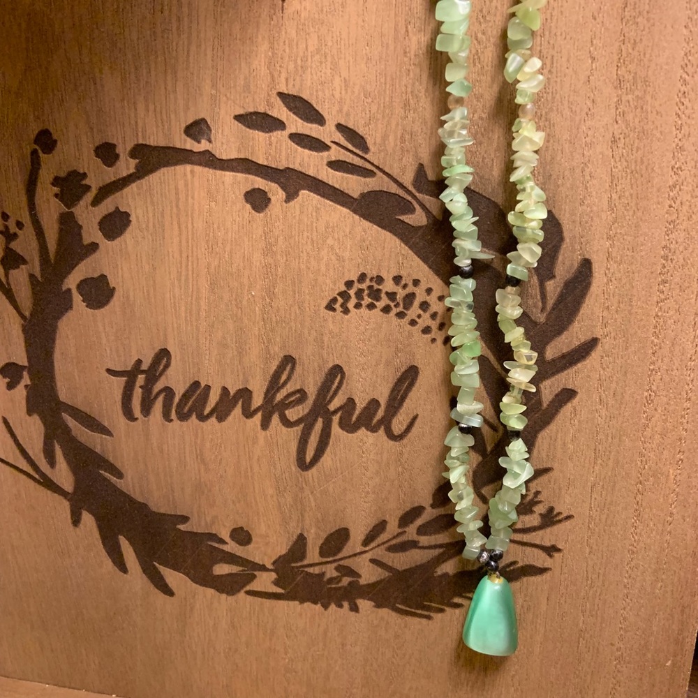 Green Polished Chip stone and glass? 17” necklace